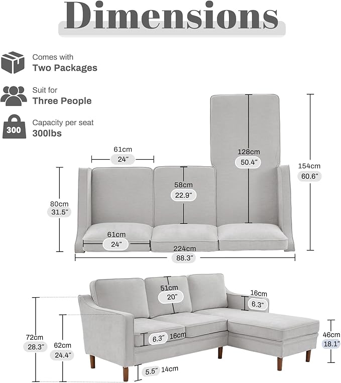 Kingfun 88" L-Shape Sofa, Chenille Sectional Couch, Mid Century Modern Couches with Solid Wood Frame for Living Room & Bedroom, Silver Gray