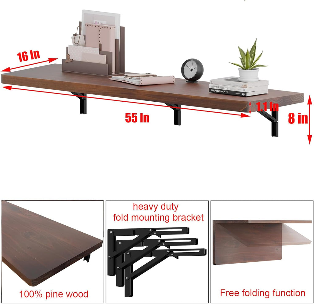 IAE Wall Mounted Folding Table with Pine Wood,55" x 16" Floating Wall Desk,Laundry Folding Table with Shelf Brackets,Fold Down Desk Shelf,Folding Workbench for Home,Dining,Laundry Room,Kitchen,Brown