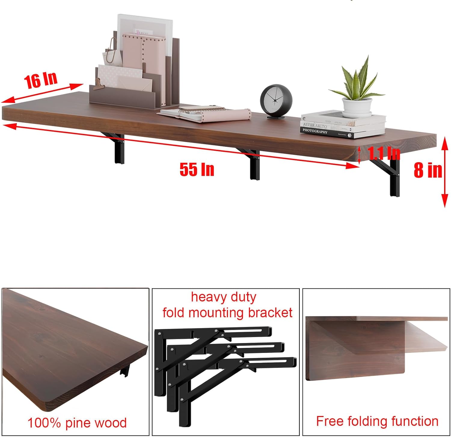 IAE Wall Mounted Folding Table with Pine Wood,55" x 16" Floating Wall Desk,Laundry Folding Table with Shelf Brackets,Fold Down Desk Shelf,Folding Workbench for Home,Dining,Laundry Room,Kitchen,Brown