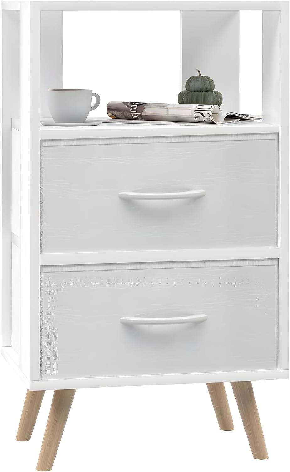 Aenuert Night Stand, White Nightstand with Fabric Drawers, Wooden Side Table ...