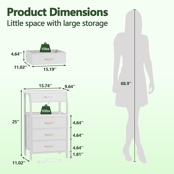 Furnulem Night Stand with Charging Station, 28.3 Inch Tall Bedside Table with...