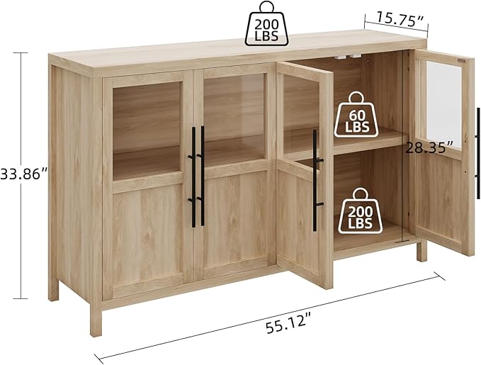 GarveeHome Sideboard Buffet Cabinet with 4 Glass Doors, 55" Buffet Table Coffee Bar Wine Bar Display Cabinet for Kitchen Dining Room, Living Room (Natrual, Glass with 4 Doors)