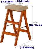 Portable Wooden Folding Library Ladder Chair Stool with Flower Shelf for Adults Lightweight Walnut Finish(White,Without pad)