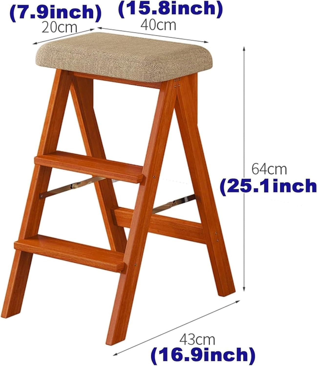 Portable Wooden Folding Library Ladder Chair Stool with Flower Shelf for Adults Lightweight Walnut Finish(White,Without pad)