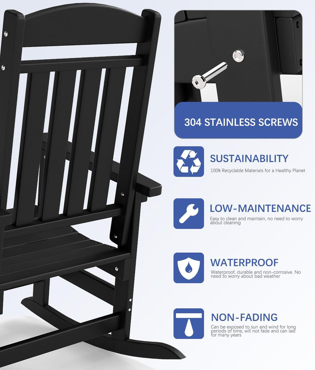 Outdoor Rocking Chair Set of 3, Oversized Rocking Chair Outdoor | HDPE All Weather Resistant High Back Patio Rocker for Porch, Patio, Garden,350 lbs Capacity, Black