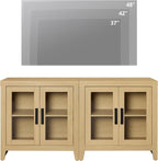 WAMPAT Farmhouse TV Stand for TVs up to 65”, Rustic Wood Entertainment Center with Adjustable Shelf, Glass Doors & Storage, Media Console Cabinet for Living-Room, Bedroom, Oak