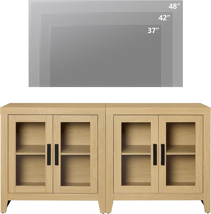 WAMPAT Farmhouse TV Stand for TVs up to 65”, Rustic Wood Entertainment Center with Adjustable Shelf, Glass Doors & Storage, Media Console Cabinet for Living-Room, Bedroom, Oak