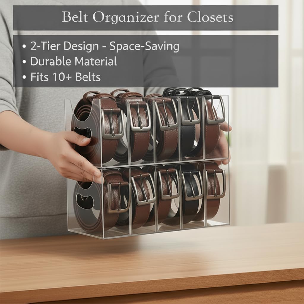 Belt Organizer,Acrylic Belt Organizer for Closet with Removable Dividers 5 Compartments & Handles Drawer organization and storage for Purse,underwear, Socks,and Ties (2pack)