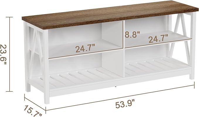 ChooChoo Farmhouse TV Stand for TVs up to 60 Inch, Modern Entertainment Center with 4 Open Shelves & Built-in Cable Holes, Media TV Console for Living Room, Bedroom, White