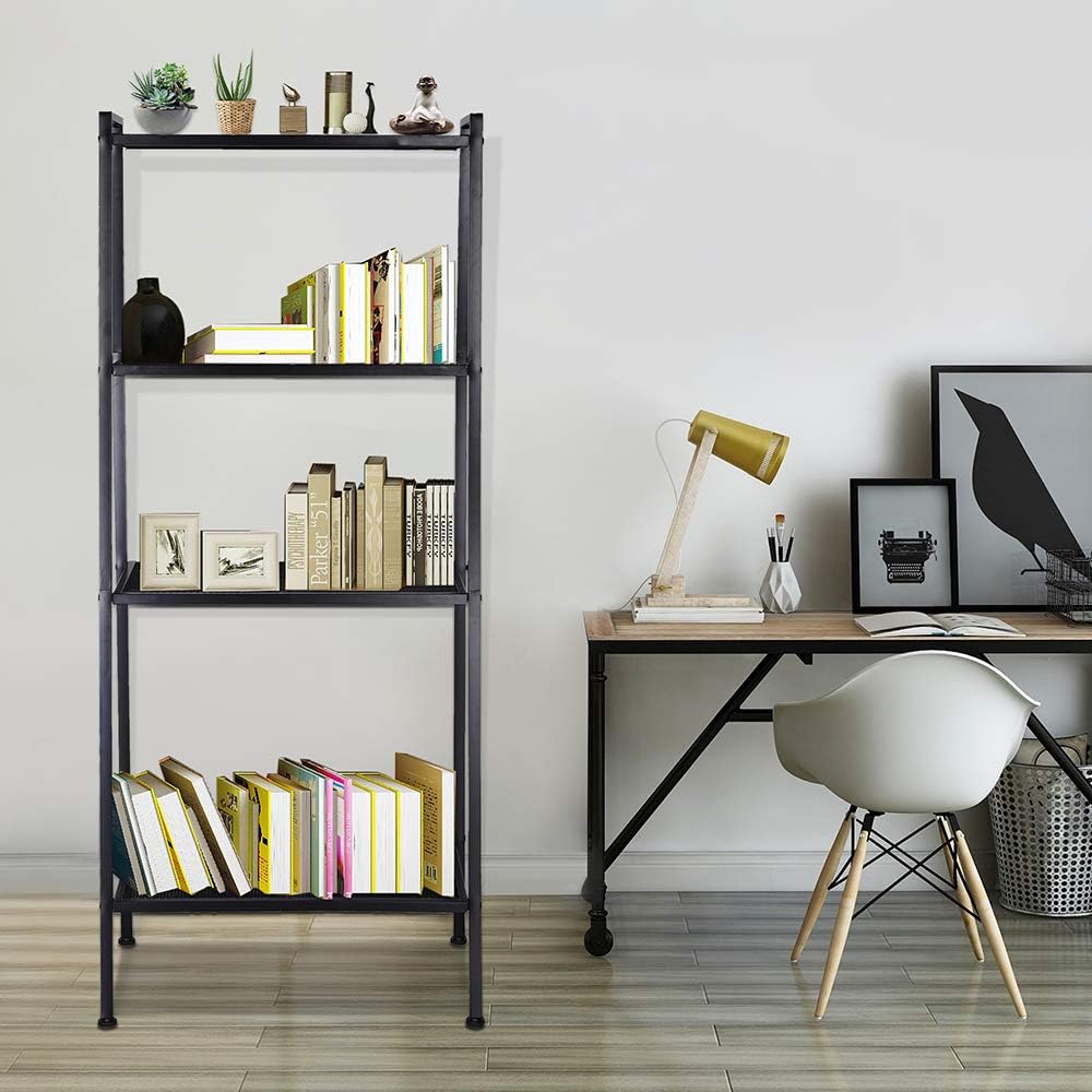 Yescom 4 Tier Metal Ladder Shelf Bookshelf Bookcase Leaning Storage Rack A Frame Corner Display Plant Vertical Black
