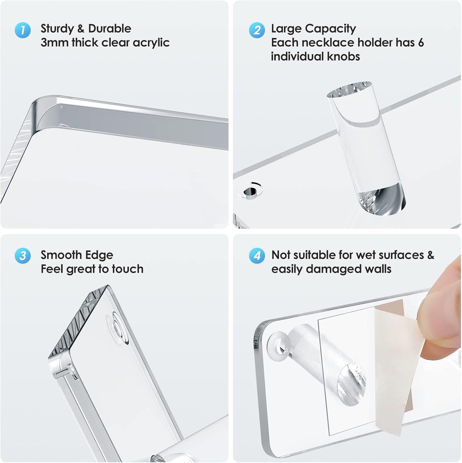 MaxGear Clear Necklace Holder 2-Pack, Wall Jewelry Organizer with 12 Hooks | Acrylic Tangle-Free Display for Necklace, Bracelet, Bangles, Ring, Perfect for Bathroom, Vanity, Closet Door