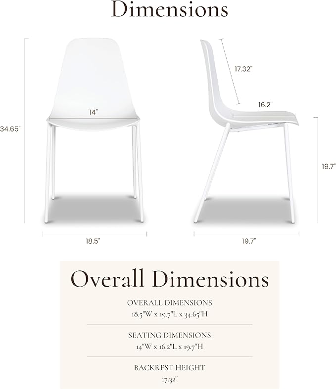 POLY & BARK Isla Modern Dining Chairs Set of 4 – Mid Century Modern Plastic Dining Chair with Metal Legs – Kitchen & Dining Room Chairs – Indoor/Outdoor – White