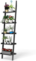 Tangkula Ladder Shelf, 5-Tier Multifunctional Modern Wood Plant Flower Book Display Shelf, Home Office Storage Rack Leaning Ladder Wall Shelf (Black, 1)