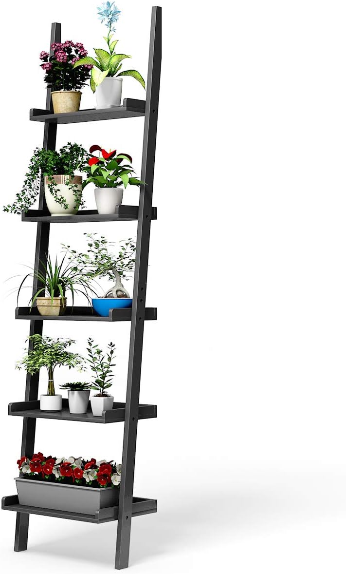 Tangkula Ladder Shelf, 5-Tier Multifunctional Modern Wood Plant Flower Book Display Shelf, Home Office Storage Rack Leaning Ladder Wall Shelf (Black, 1)