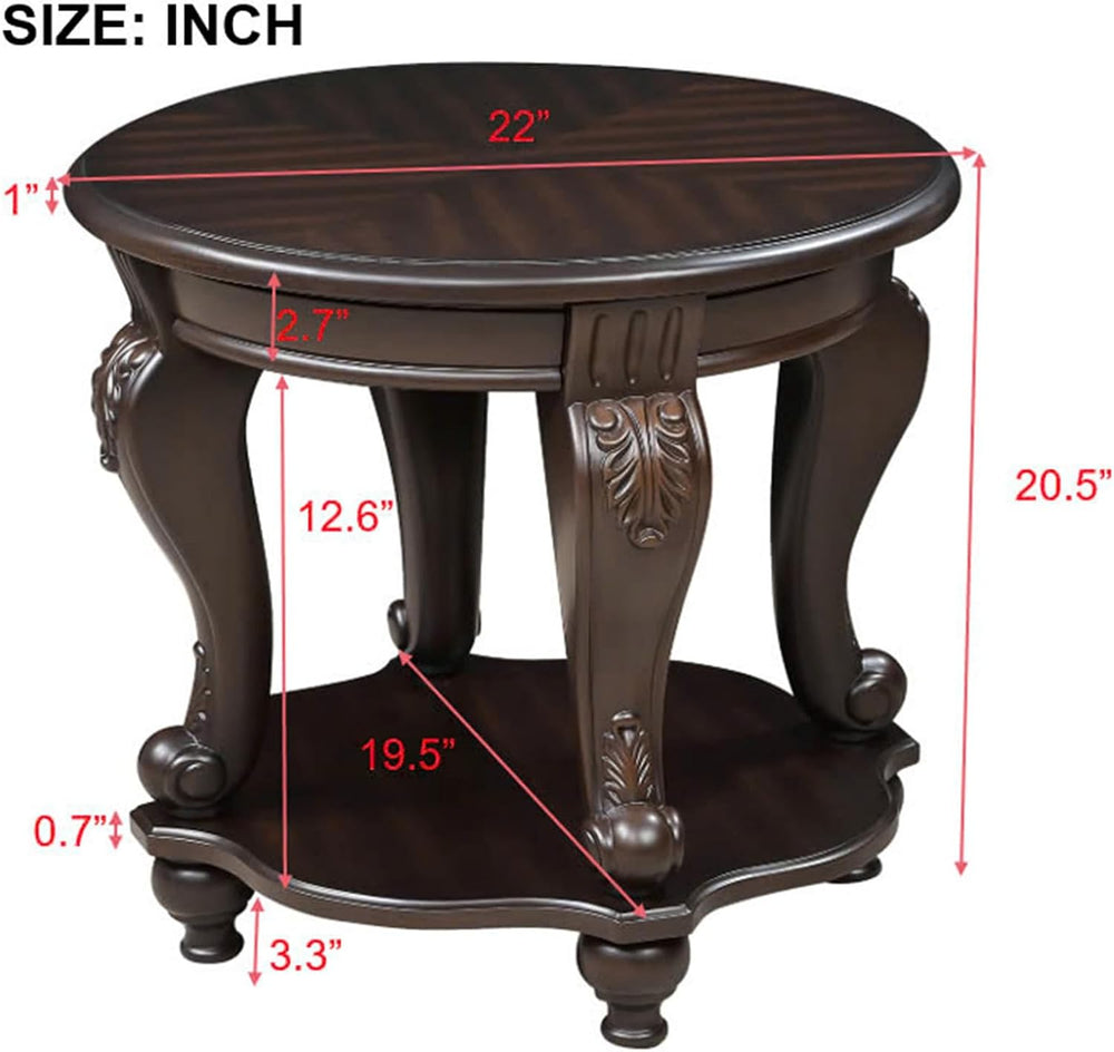 22'' Round End Table Solid Wood Sofa Side Table with Storage Shelf, L...