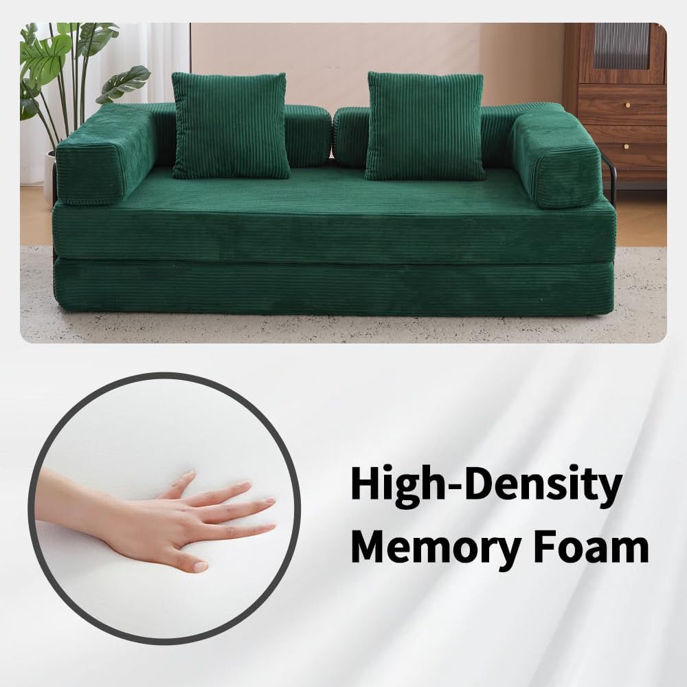 ZEIINPA Convertible Floor Sofa Bed with Fixed-Shape Frame, Modular Corduroy Folding Mattress Couch with Armrest, Floor Sofa Lounge Couch for Living Room Bedroom Lounge Studio,Emerald Green