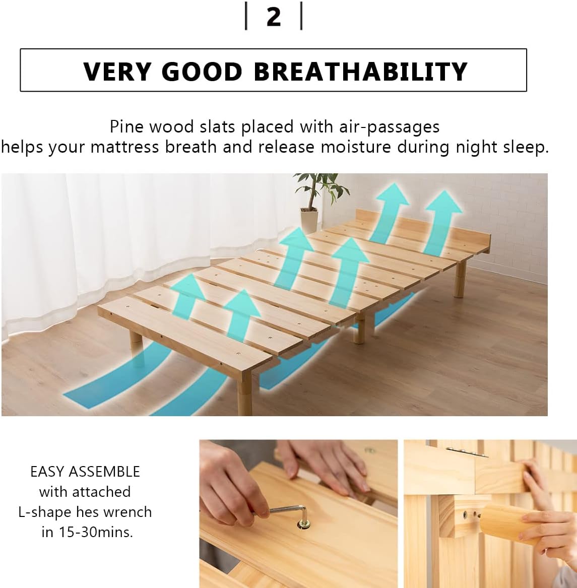 EMOOR Wood Slatted Floor Bed Frame OSMOS Full for Japanese Futon Mattress Solid Pine (Retro-Brown), Height Adjustable (2/7/12in) Tatami Mat