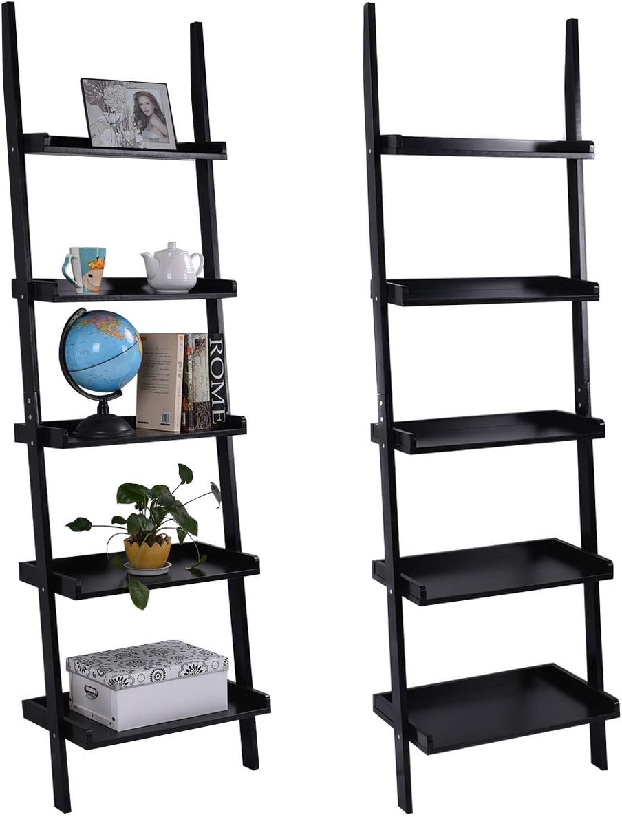 Tangkula Ladder Bookcase 5-Tier Wood Leaning Shelf Wall Plant Stand for Home Office Modern Flower Book Display Shelf Storage Rack Stable A-Frame Wooden Ladder Shelf (Black)