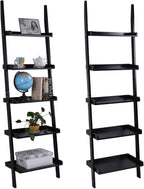 Tangkula Ladder Bookcase 5-Tier Wood Leaning Shelf Wall Plant Stand for Home Office Modern Flower Book Display Shelf Storage Rack Stable A-Frame Wooden Ladder Shelf (Black)
