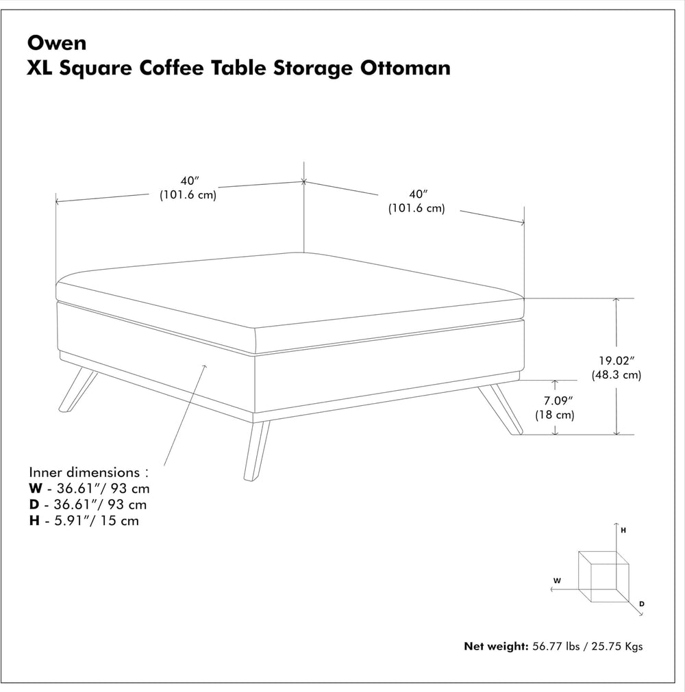 SIMPLIHOME Owen XL Coffee Table Storage Ottoman - 40 inch Wide Upholstered Ve...