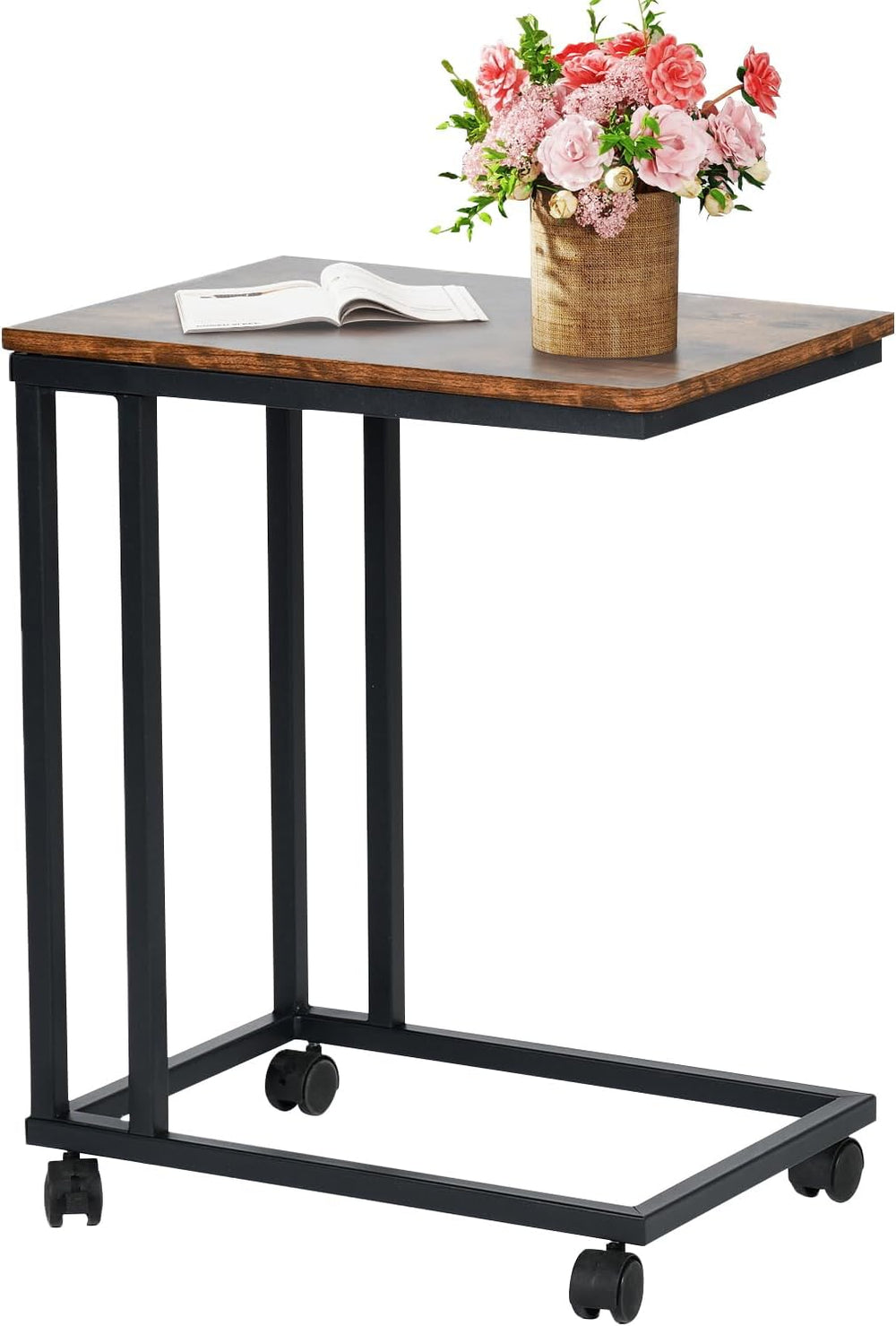 FurnitureR End Table C Shaped, Snack Side Table with Rolling Wheels for Sofa ...