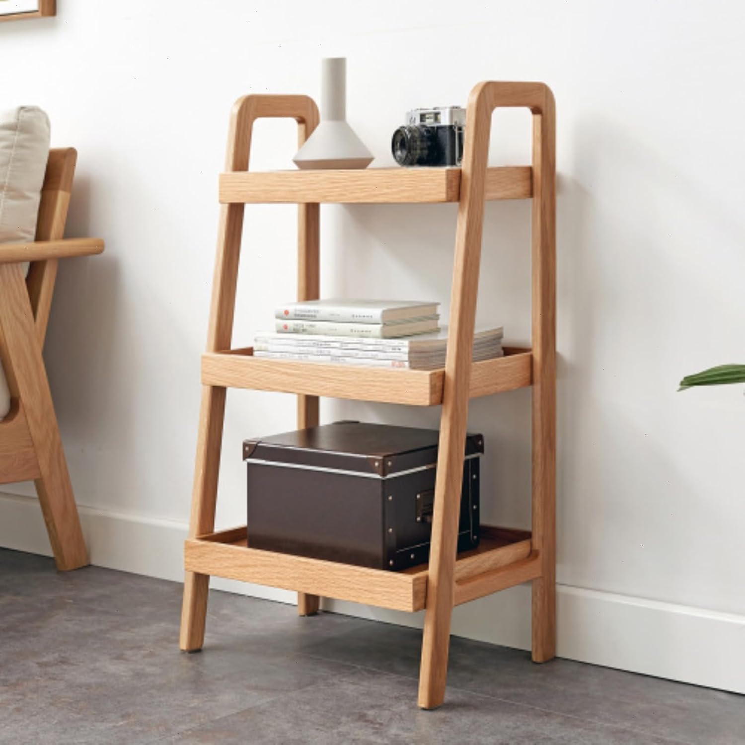 100% Solid Oak 3 Tier Ladder Shelf, Small Bookshelf, Ladder Bookshelf, Bookcase with Stable Frame, Small Table for Living Room Bedroom(Natural, 12.6" L x 17.72" W x 31.5" H) (Wood)