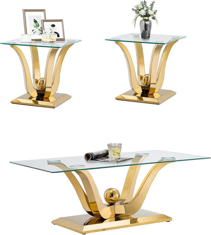 Gold Glass Living Room Table Set of 3 with Stainless Steel Base