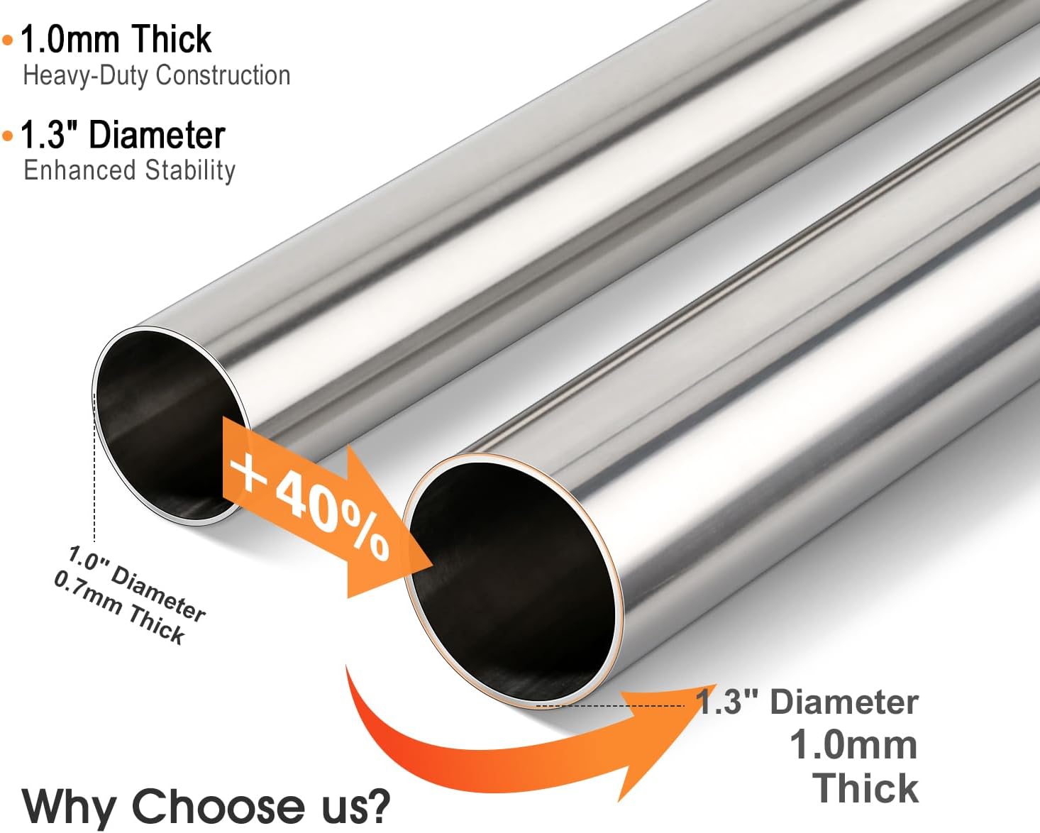 FIRJOY Premium Stainless Steel Closet Rod 1.0mm/1.3", Heavy Duty Adjustable Hanging Bar for Clothes Organization, No-Splice 1-Piece Telescoping Design (Silver, 26.9" - 46.9")