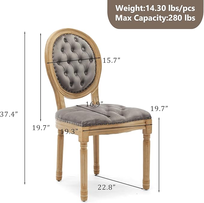 Upholstered Dining Chairs Set of 6 French Country Oval Fabric Back Kitchen Side Chair with Wood Legs for Dining Room, Kitchen, Restaurant(Grey-Velvet)
