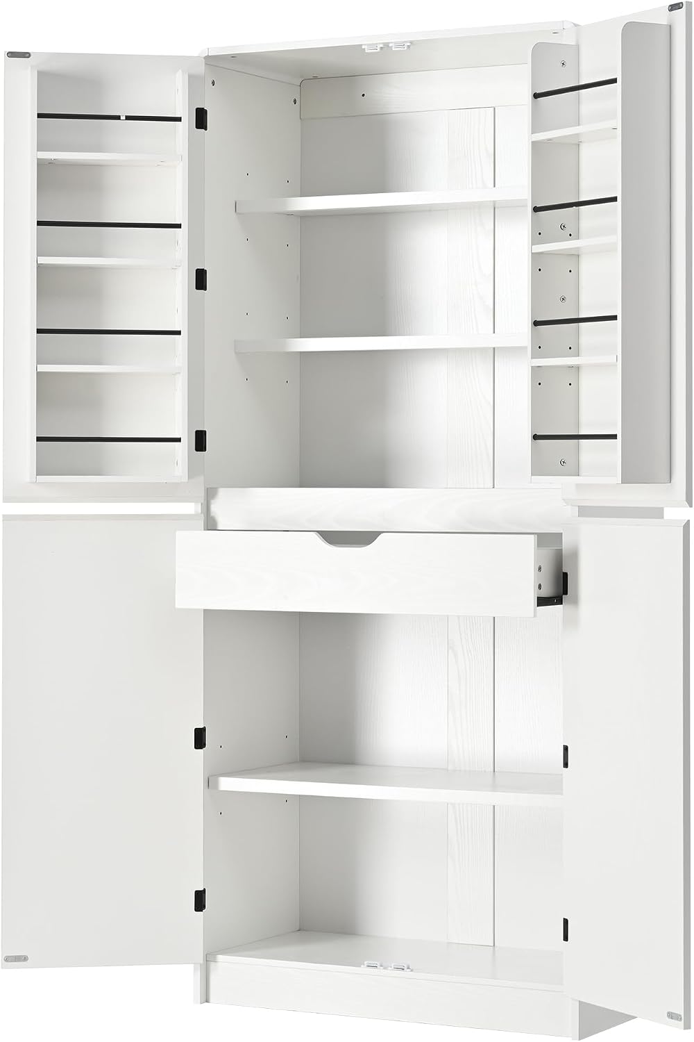 72 Inch Farmhouse Kitchen Pantry Cabinet with Unique Curved Design, 4-Door St...