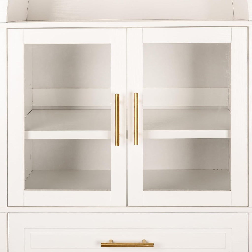 71" Tall Arched Farmhouse Pantry Cabinet with Glass Barn Door, Adjustable Shelves & Storage Racks, Rustic Freestanding Kitchen Cabinet for Living Room, Dining Room, Entryway, White