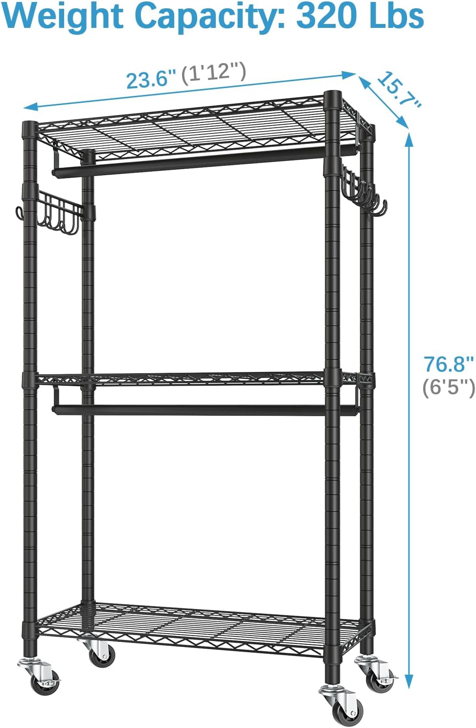 VIPEK R2 Mini Rolling Clothes Rack Heavy Duty Clothing Rack for Hanging Clothes Adjustable Portable Closet Metal Clothes Racks with Wheels Double Rods Side Hooks, Freestanding Garment Rack, Black
