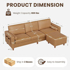 Vesgantti 100" Faux Leather Couch with Movable Ottoman, 3 Seater L Shaped PU Leather Sofa with Side Pocket, Comfy Mid Century Modern Modular Sectional Couch for Living Room, Apartment, Camel