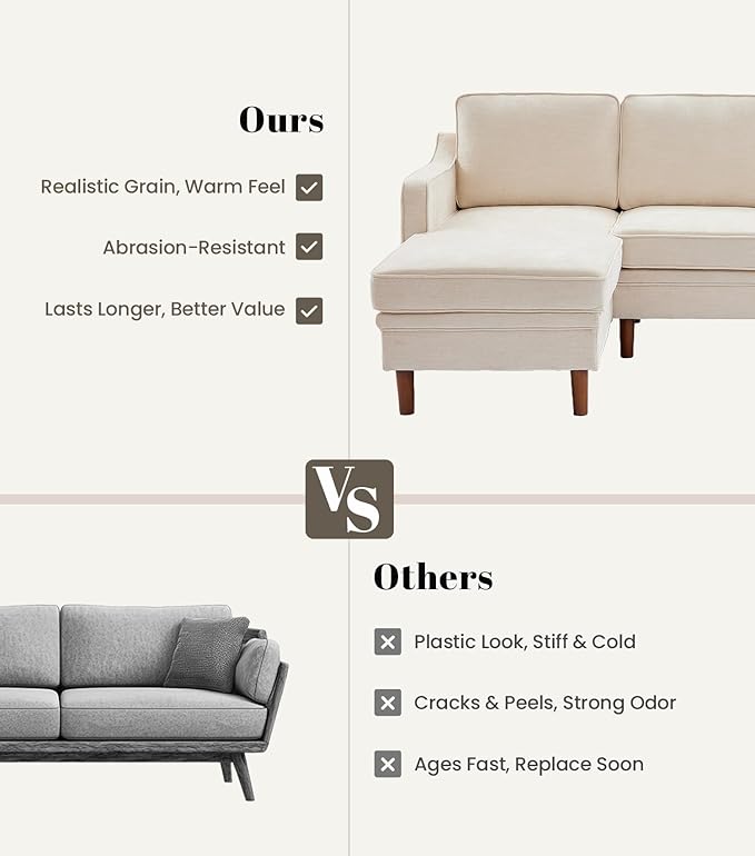 Kingfun 88" L-Shape Sofa, Chenille Sectional Couch, Mid Century Modern Couches with Solid Wood Frame for Living Room & Bedroom, Beige