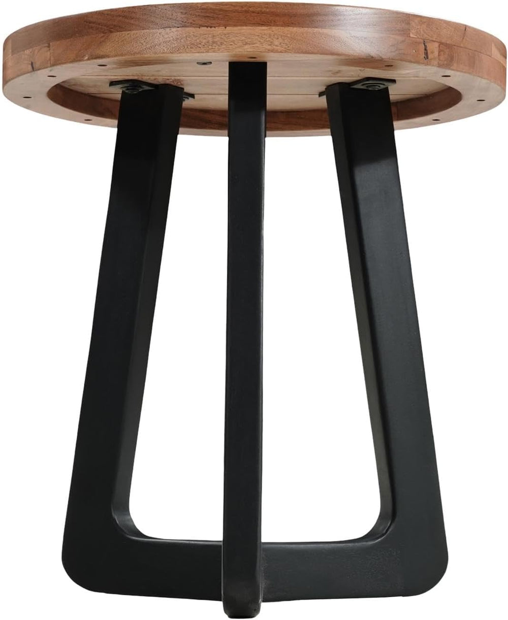 Mason Round Solid Wood End Table with Brown Top and Black Metal Base