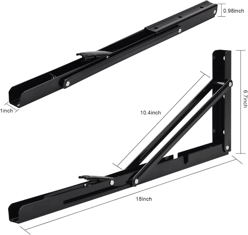 YUMORE Folding Shelf Brackets, 18 Inch Heavy Duty Collapsible Shelf Bracket, Black DIY L Bracket for Workbench Folding Table Hinge, Max Load: 330lb, 2 Pack