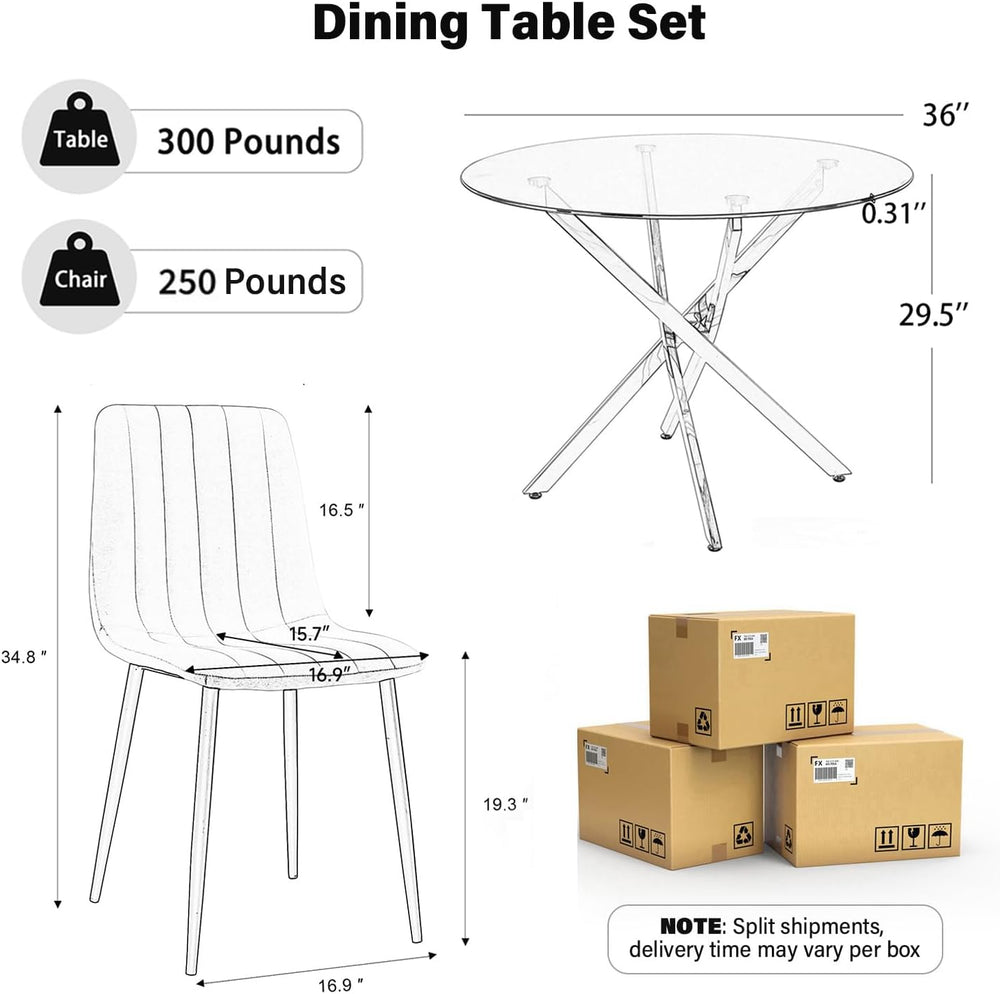 Modern Round Glass Dining Table Set for 4, 36'' Small Tempered Glass ...