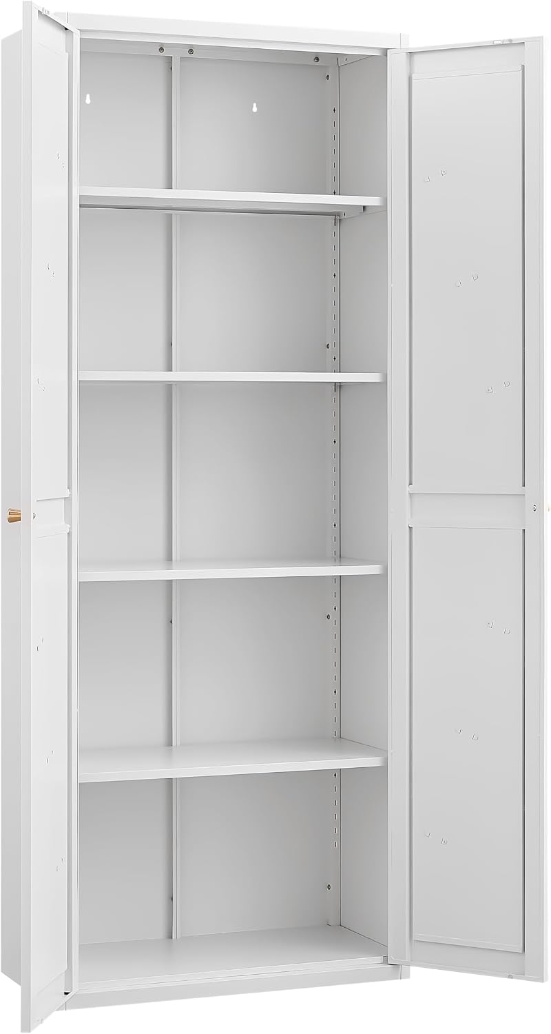 Kitchen Pantry Cabinet: Rustic White Steel Storage with Adjustable Shelves - ...