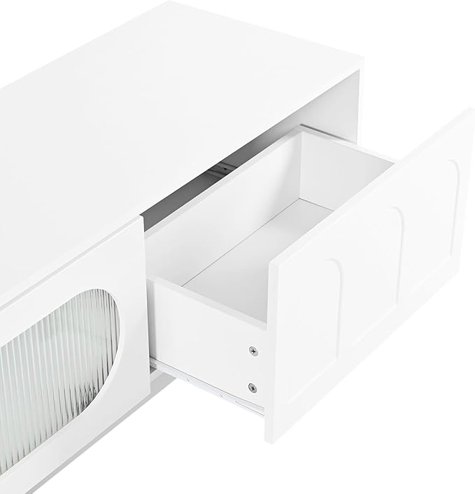 Ball & Cast Modern TV Stand with Fluted Tempered Glass Doors for TVs up to 95'', Entertainment Center w/Led Lights, Cabinets & 2 Drawers,Arched Door Design,Media Console for Living Room,White