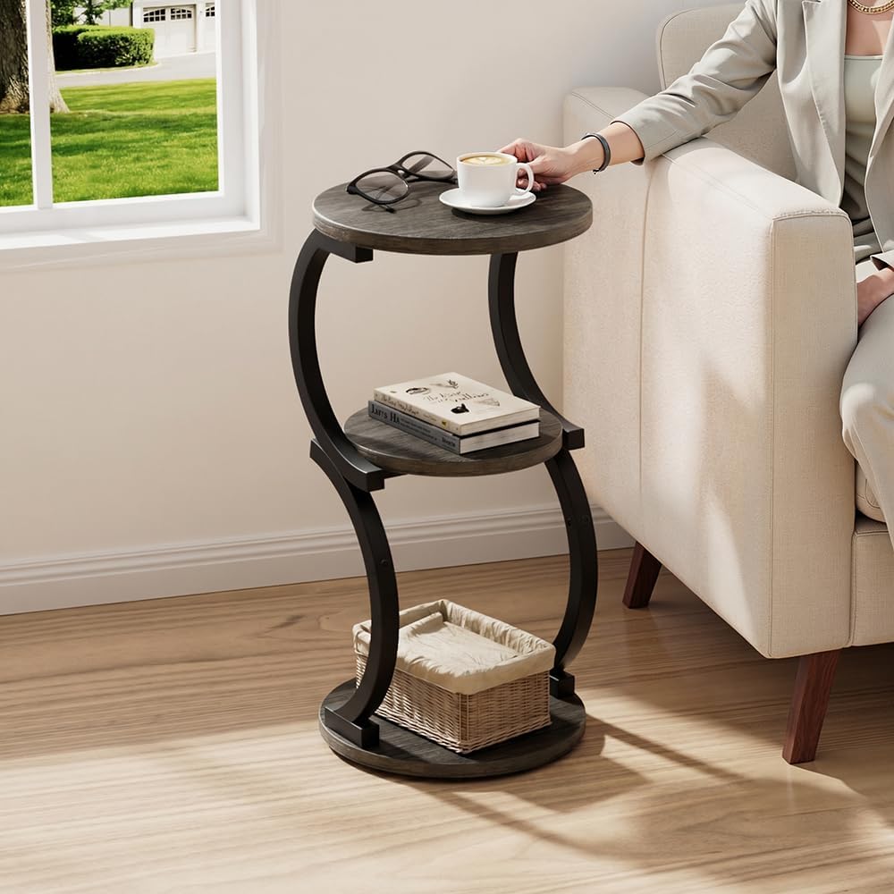 JUSTOGO Small Round Side Table, 3-Tier End Table for Living Room, Vintage Nightstand for Small Spaces Sofa Couch Corner Bedside Bedroom, S-Shaped Wood Accent Table Matel Coffee Table, Charcoal Grey