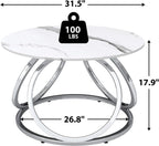 O&K FURNITURE Silver Coffee Table, Round Coffee Table Faux Marble Veins, Modern Center Table with Chrome Finish, for Living Room, Home Office, 1 PC