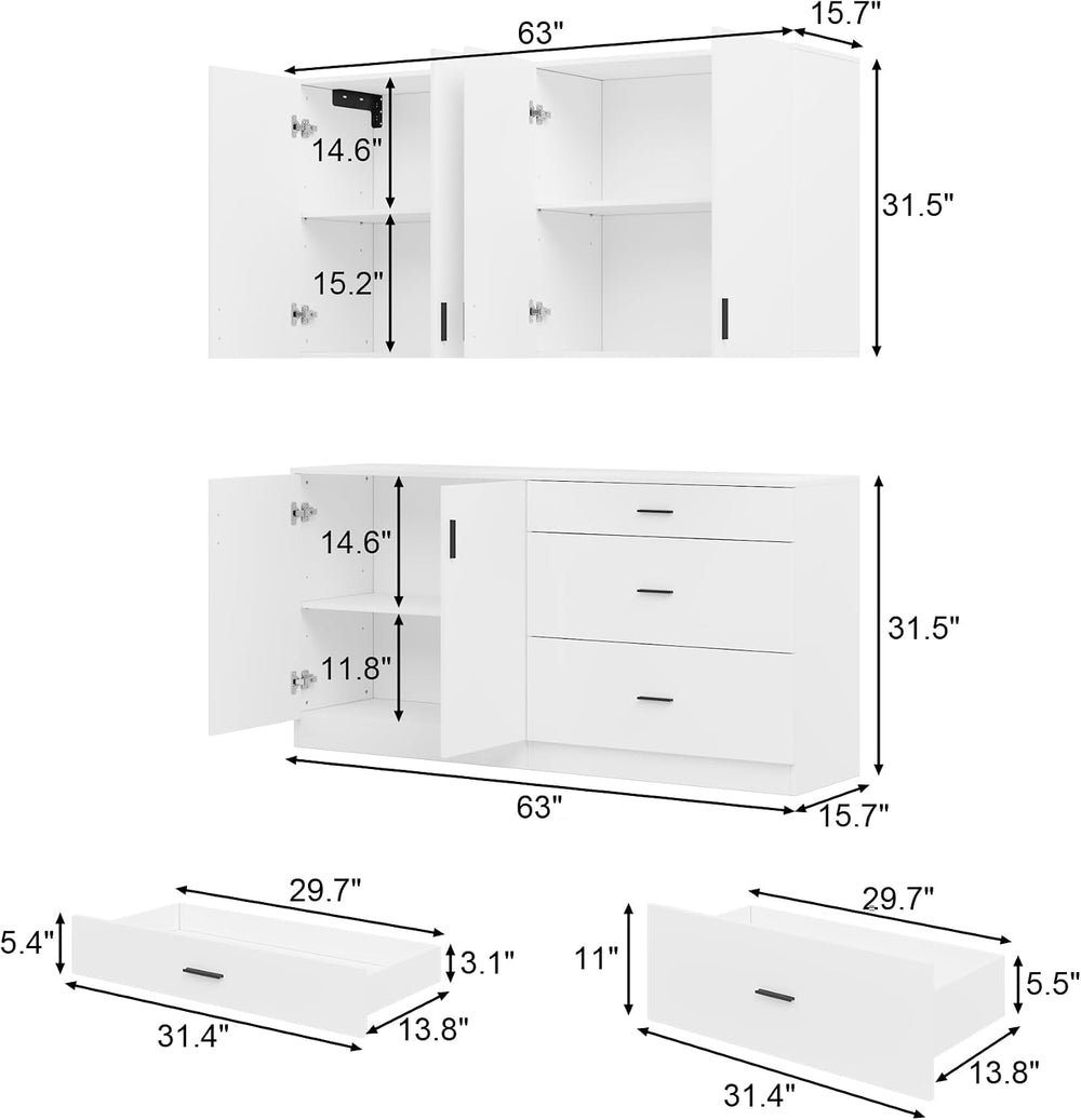 63" Kitchen Cabinet Set with 3 Drawers and 6 Doors, Wall Mounted Upper C...