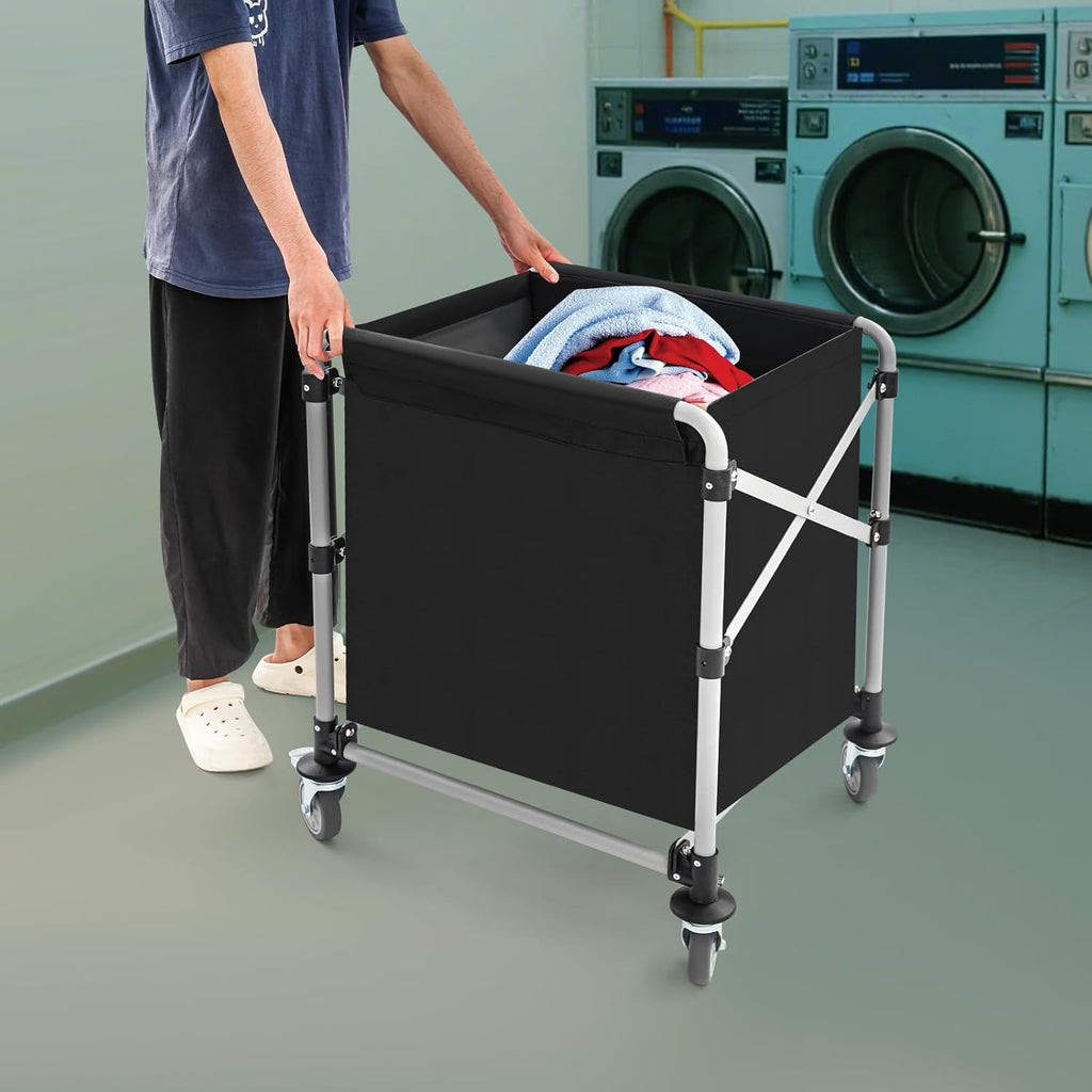 Commercial Laundry Cart with Wheels,Folding Laundry Hamper Cart,Heavy Duty Rolling Laundry Basket with Large Capacity,Laundry Sorter Trolley for Home Hotel Apartment (Black, 23.62 * 19.69 * 23.62in)
