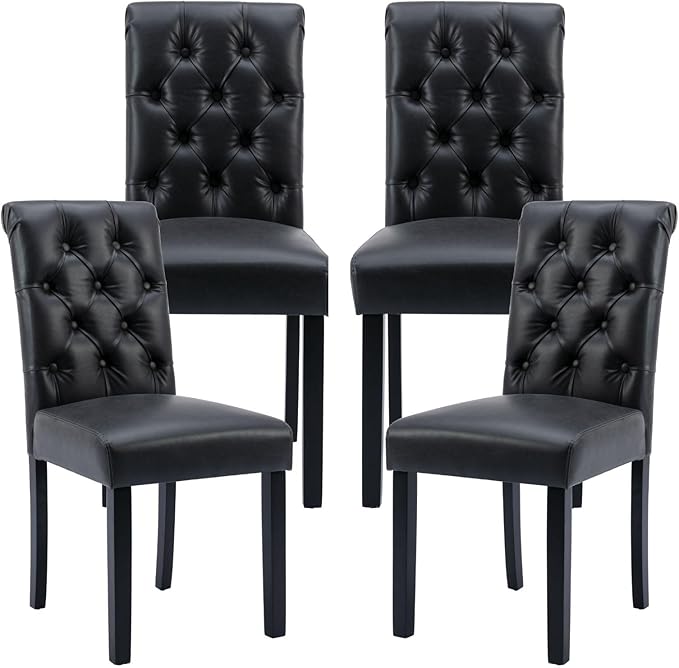 Farmhouse Dining Chairs Set of 4, PU Leather Kitchen Chairs, Modern Upholstered Accent Chair Solid Wood Parsons Chairs for Home/Living Room/Bedroom/Resturant, Black