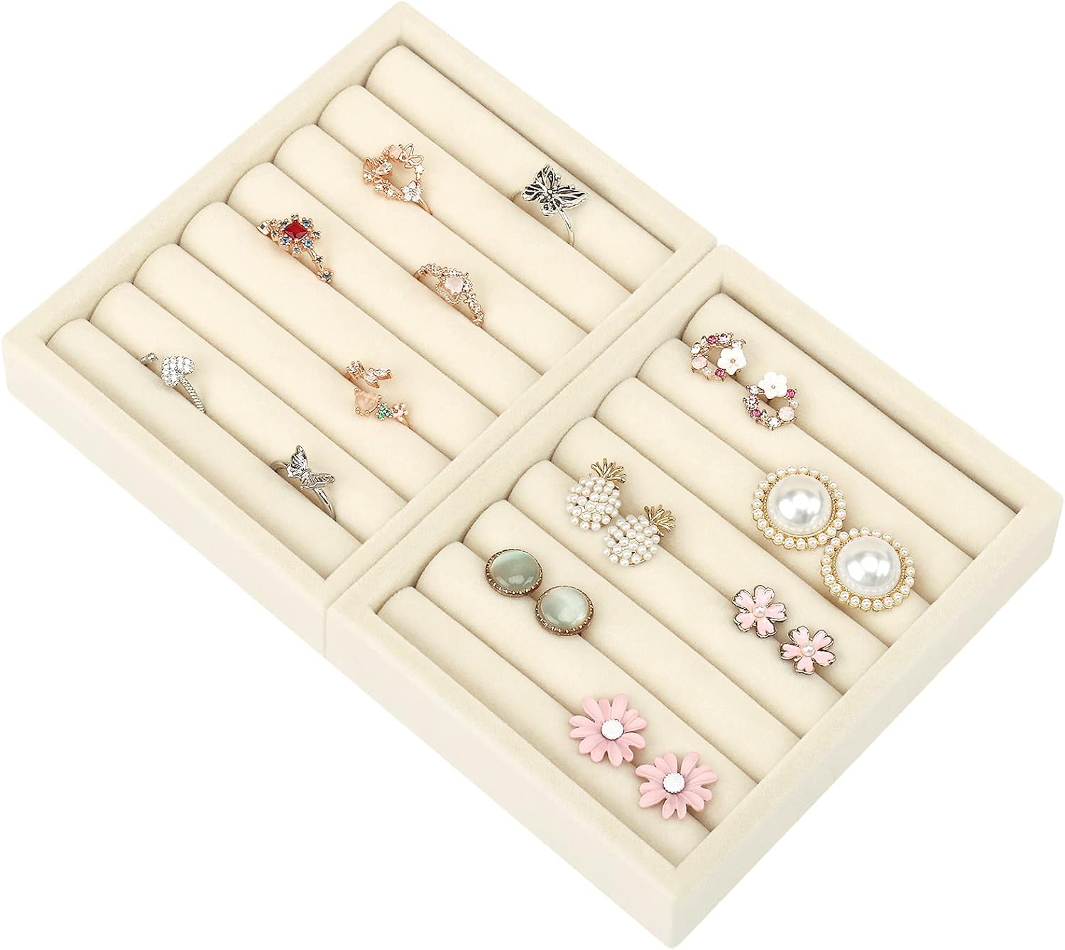 DesignSter Small Jewelry Tray-Ring Organizer 2PCS Premium Velvet Rings Earrings Display Tray Storage Insert Holder for Jewelry Box, Drawer, Dresser (8 Slots, Beige)