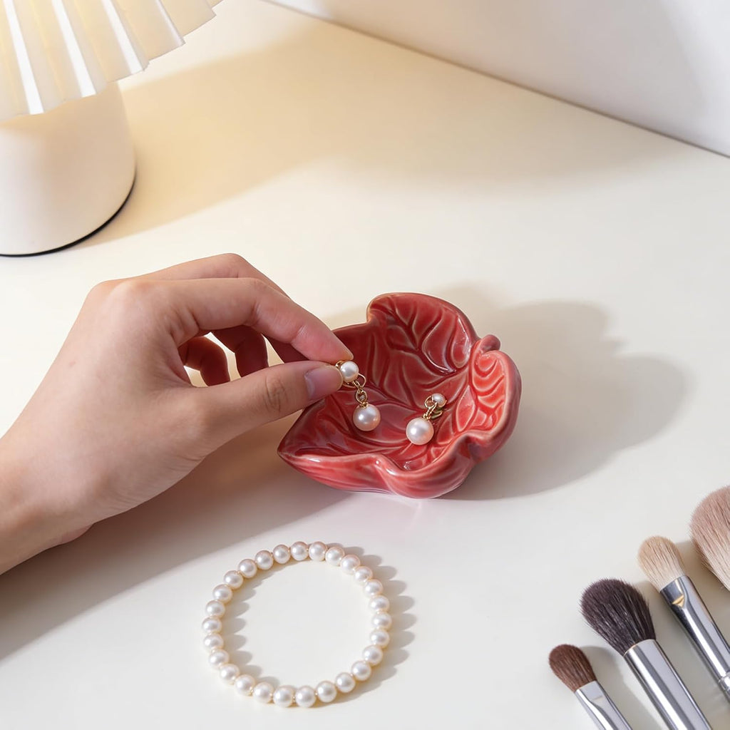 3.5' Red Cute Leaves Ceramic Jewelry Tray for Dressing Table | Petite Bowl Keeps Rings, Earrings, Keys, and Keepsakes Visible on Vanities or Dressers, Making a Sweet Gift for Women