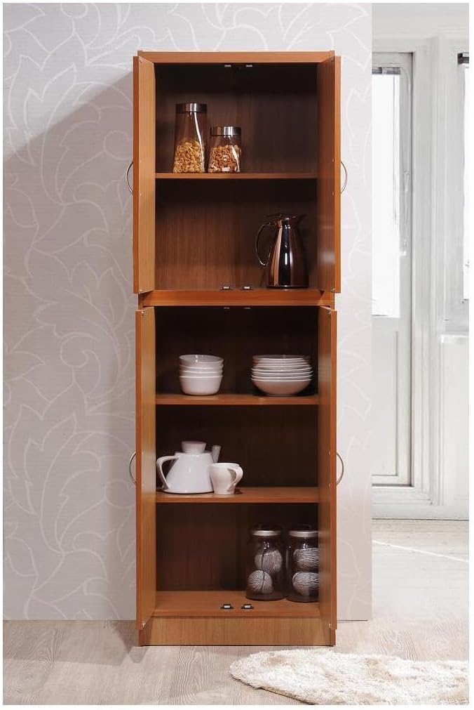 HomeStock 4 Door Kitchen Pantry - Large Storage Cabinet - Cherry Finish