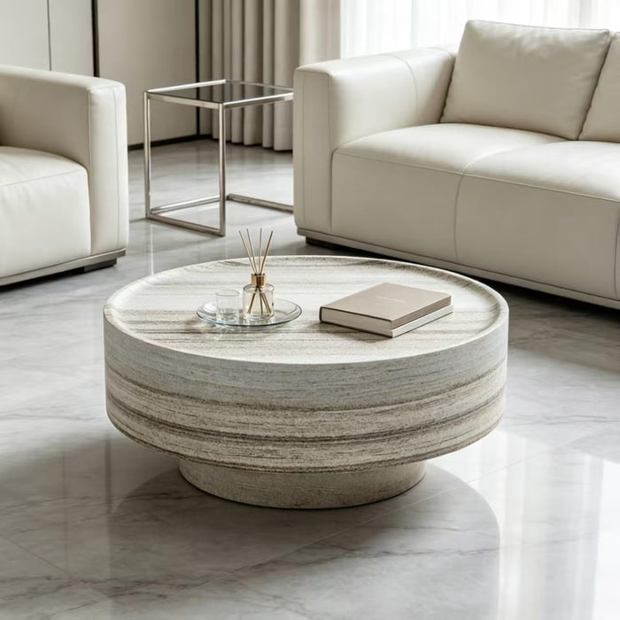 31.5" Round Coffee Table with Natural Stone Texture, Modern Drum Center Table with Matte Finish, Scratch-Resistant Round Table for Living Room, Light Gray