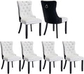 Dining Chairs Set of 6, Upholstered Dining Room Chairs with Back Ring Pull Trim and Solid Wood Legs, Modern Tufted Kitchen Chairs Perfect for Dining Room, White Pu Leather Splicing Black Velvet
