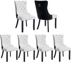 Dining Chairs Set of 6, Upholstered Dining Room Chairs with Back Ring Pull Trim and Solid Wood Legs, Modern Tufted Kitchen Chairs Perfect for Dining Room, White Pu Leather Splicing Black Velvet